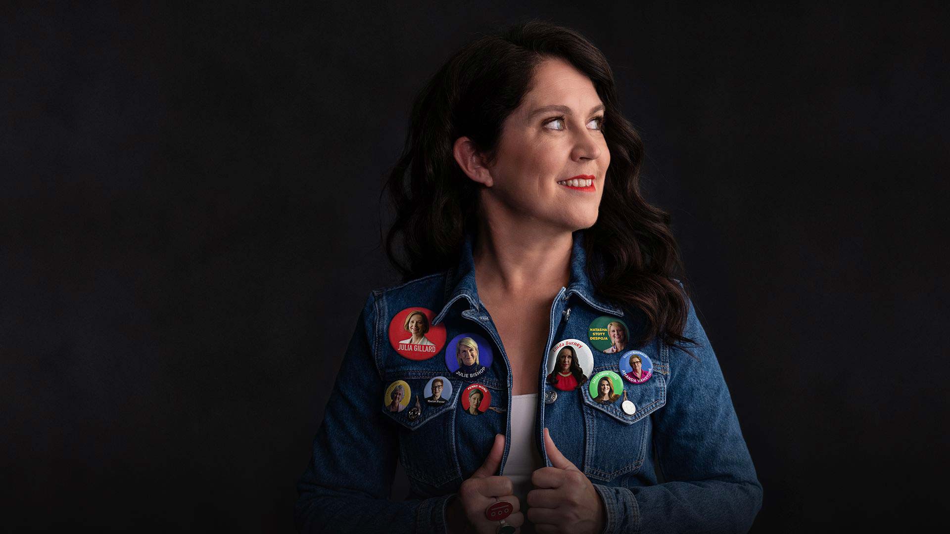 Photo of Annabel Crabb wearing badges of female politicians
