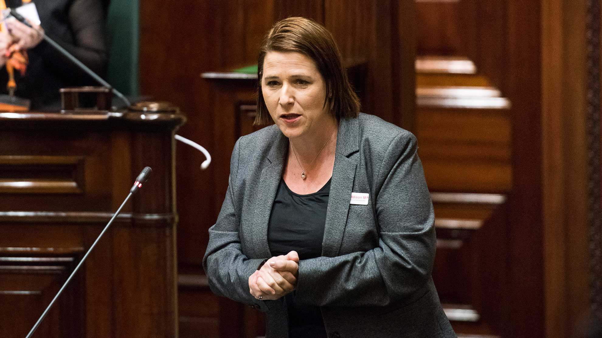 Photo of Juliana Addison giving a speech in Victorian Parliament