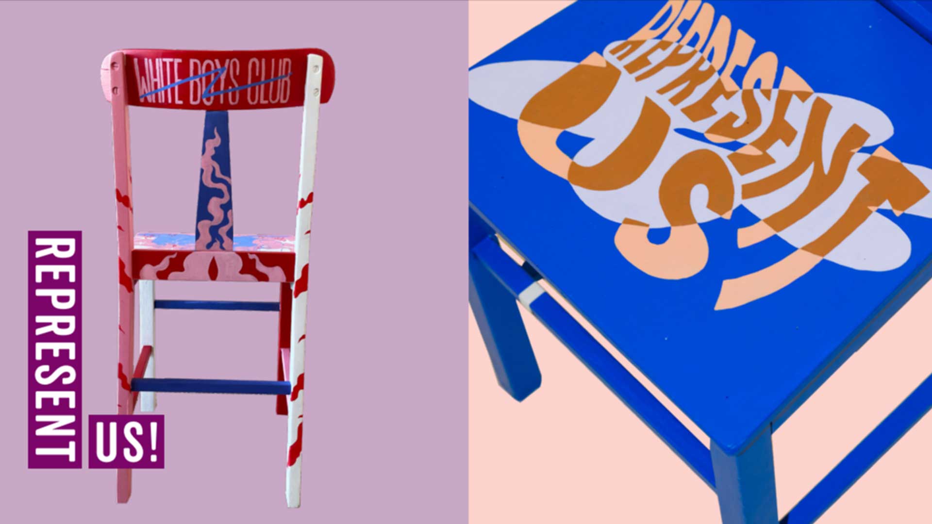 Colourful illustrations of chairs with the words "Represent Us"