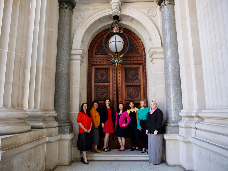 Pathways to Politics alums - seven brightly dressed diverse women standing in front of Victorian Parliament