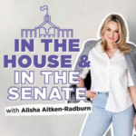 Logo for "In the house and in the Senate" podcast with a line drawing of Parliament House and photo of the host Aisha Aitken-Radburn