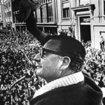 Black and white photo of Salvatore Allende addressing a crowd