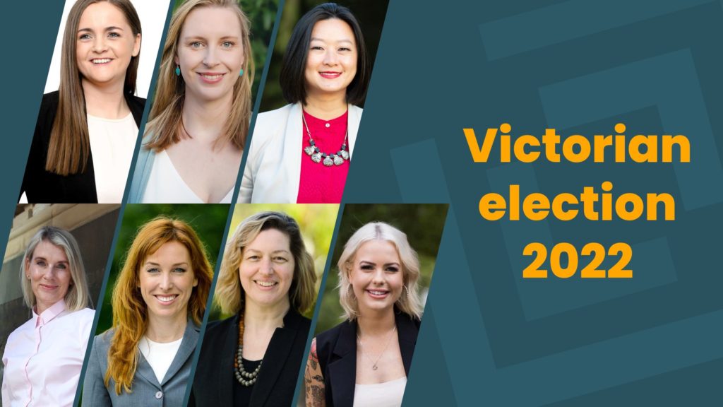 Collage image of seven Pathways alum running in the Victorian State election, alongside the words, "Victorian election 2022"