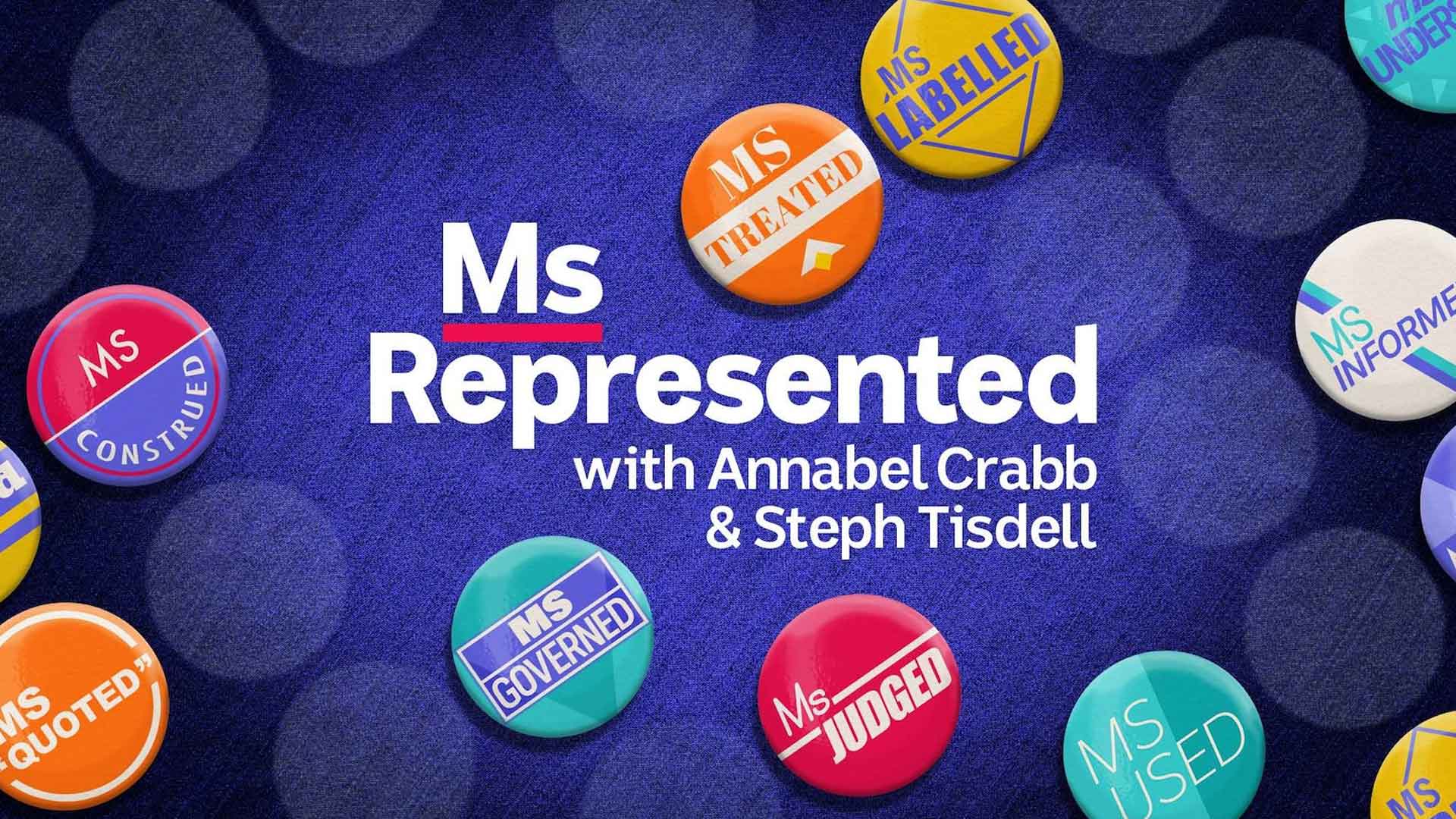 Graphic showing colourful political badges with words like "Ms governed", "Ms Construed" and "Ms Informed" on a bright purple background