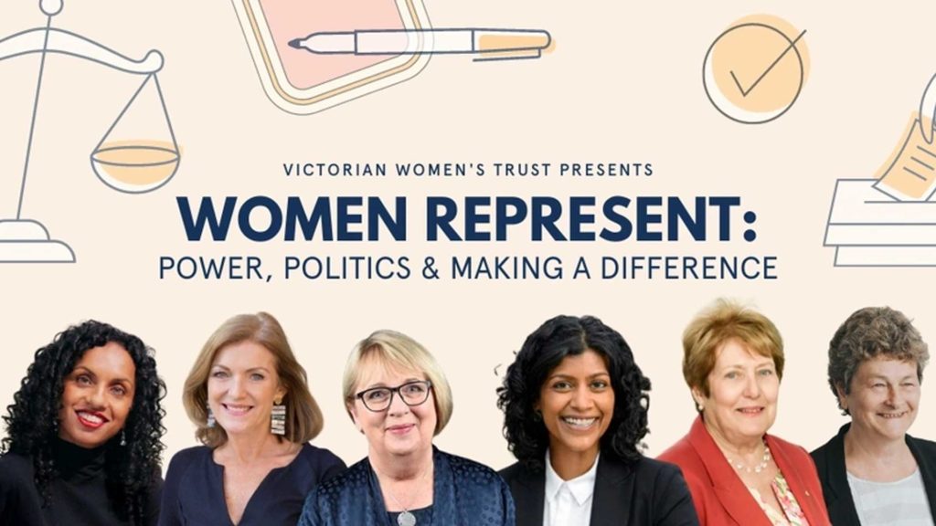 Photos of Ramona Vijeyarasa, Fiona PattenM, Samantha Ratnam, Judith Troeth & Jenny Macklin on an illustrated background showing a voting ballot, pen and scales of justice