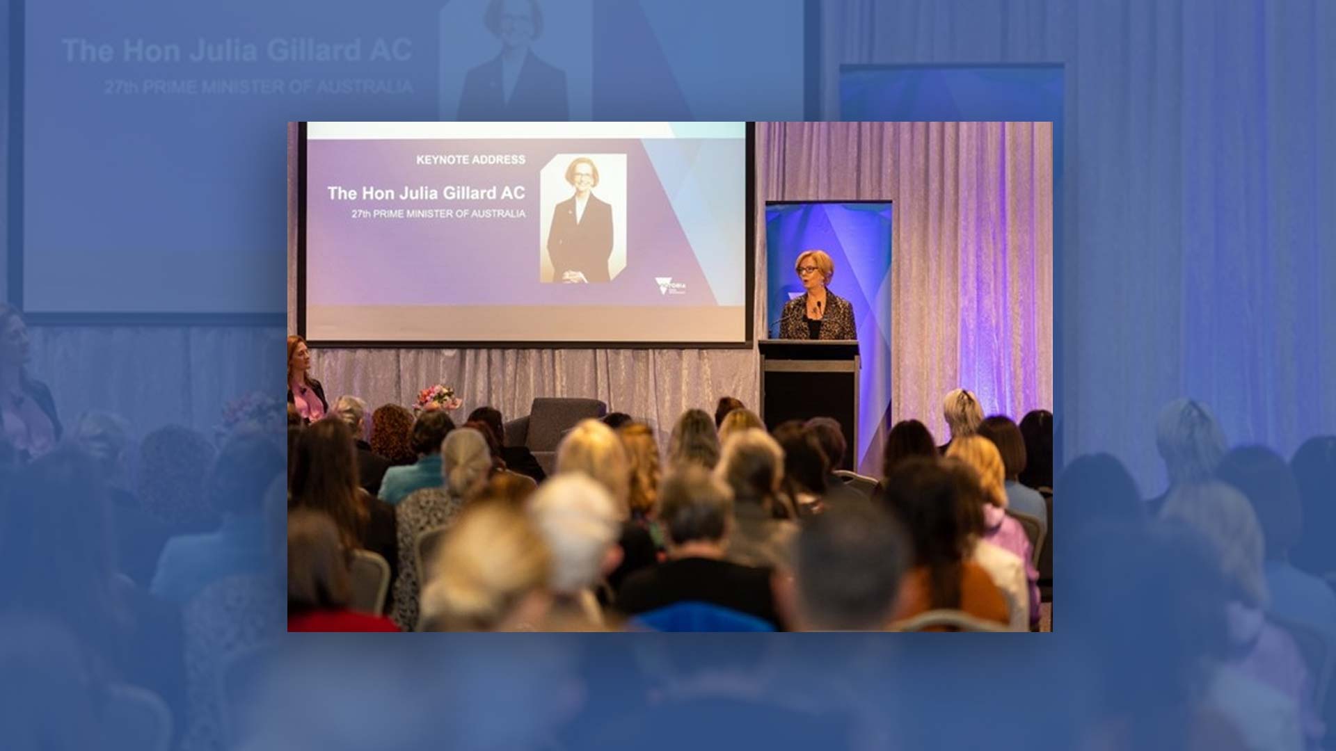 Julia Gillard presenting keynote speech to the Summit audience