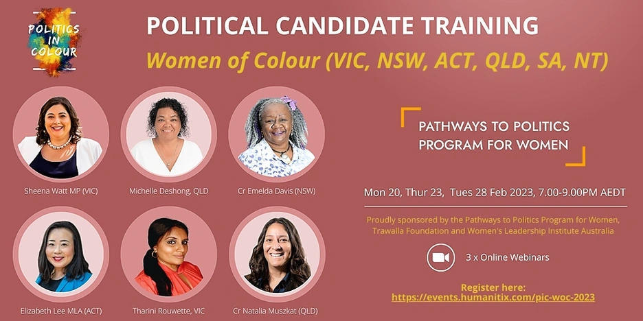 Graphic showing 6 of the speakers for the Politics in Colour political candidate training