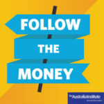 The words "Follow the Money" overlaid on a graphic of a bright blue arrow