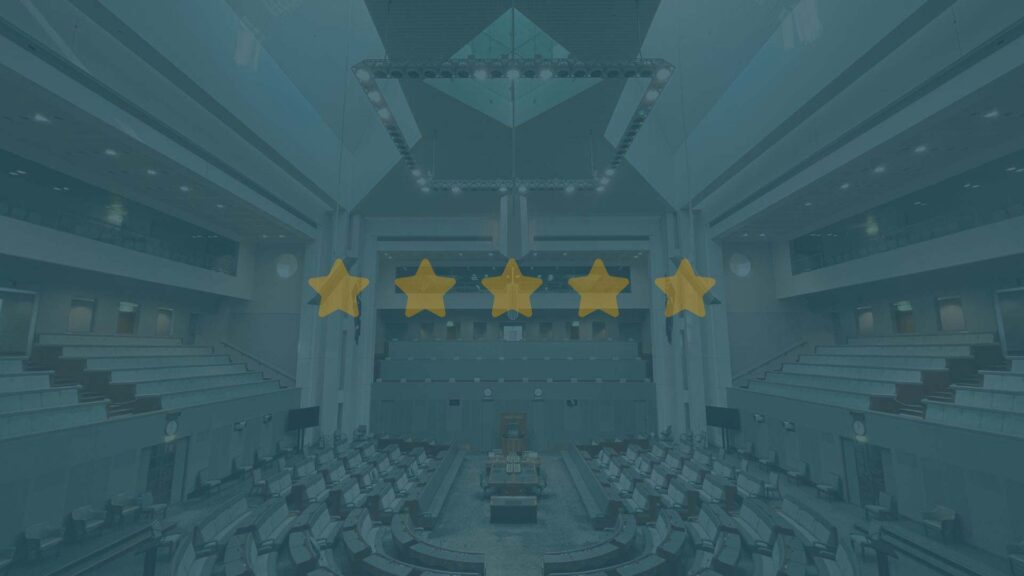 Image of the interior of federal parliament, overlaid with a graphic of 5 stars to represent a rating or score