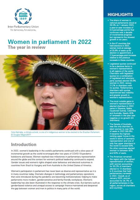 Cover of the Women in parliament 2022 report featuring a woman in tribal headdress