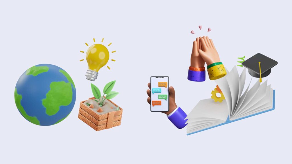 Graphic image showing a globe, light bulb, mobile phone, open book and two people giving a "high 5"