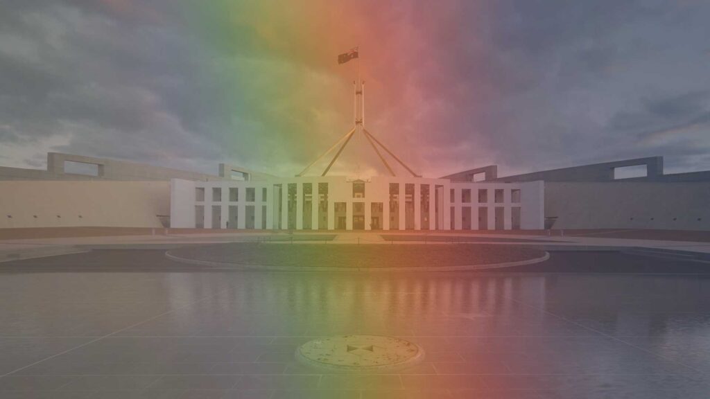Photo of the Australian Parliament House overlaid with rainbow