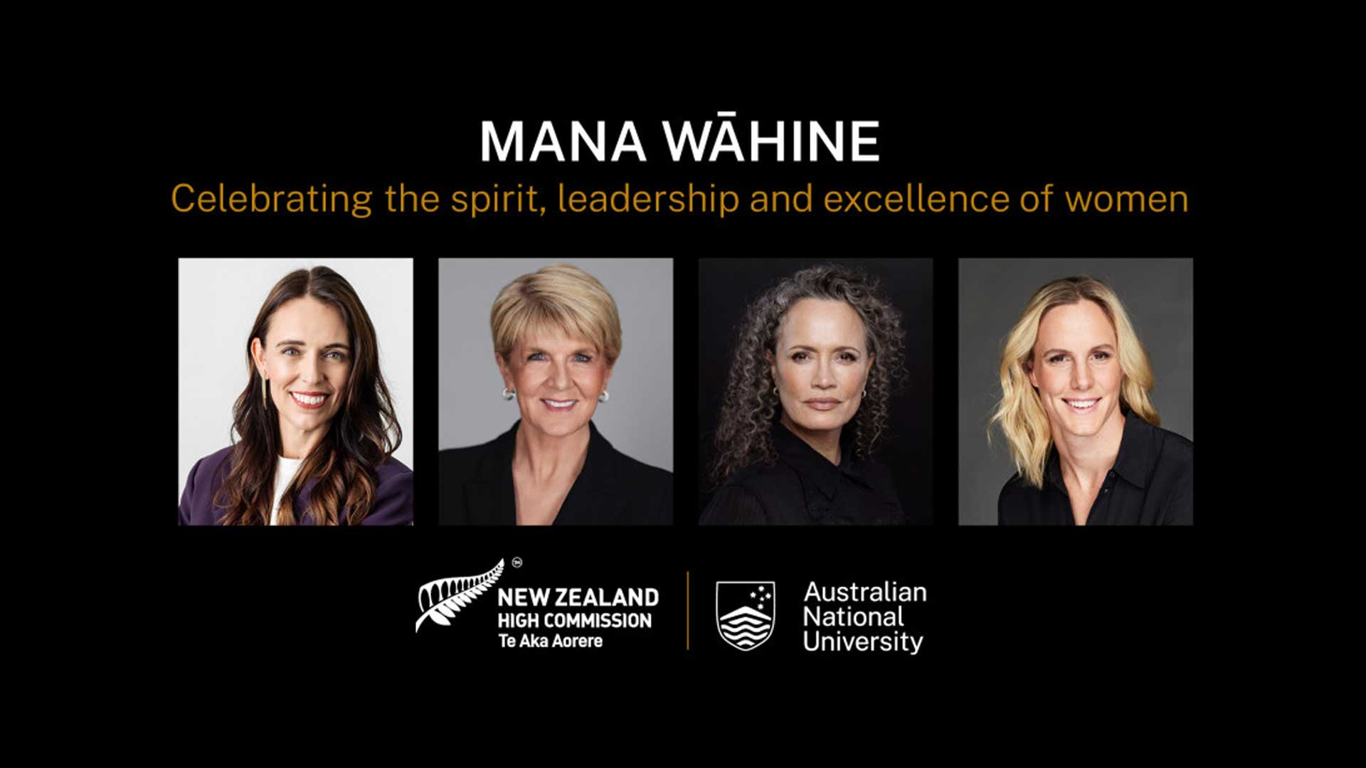Four portrait photos of women against a black background. The title MANA WAHINE is across the top of the image, and the logos for ANU and the New Zealand High Commission are across the bottom