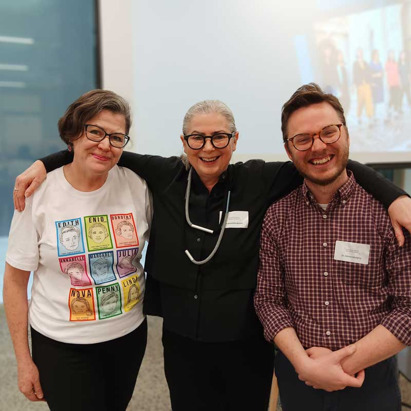 Ruth McGowan (wearing a colourful t-shirt) Dr Meredith Martin (wearing glasses and all black) and Dr James Murphy (wearing a maroon shirt and glasses)