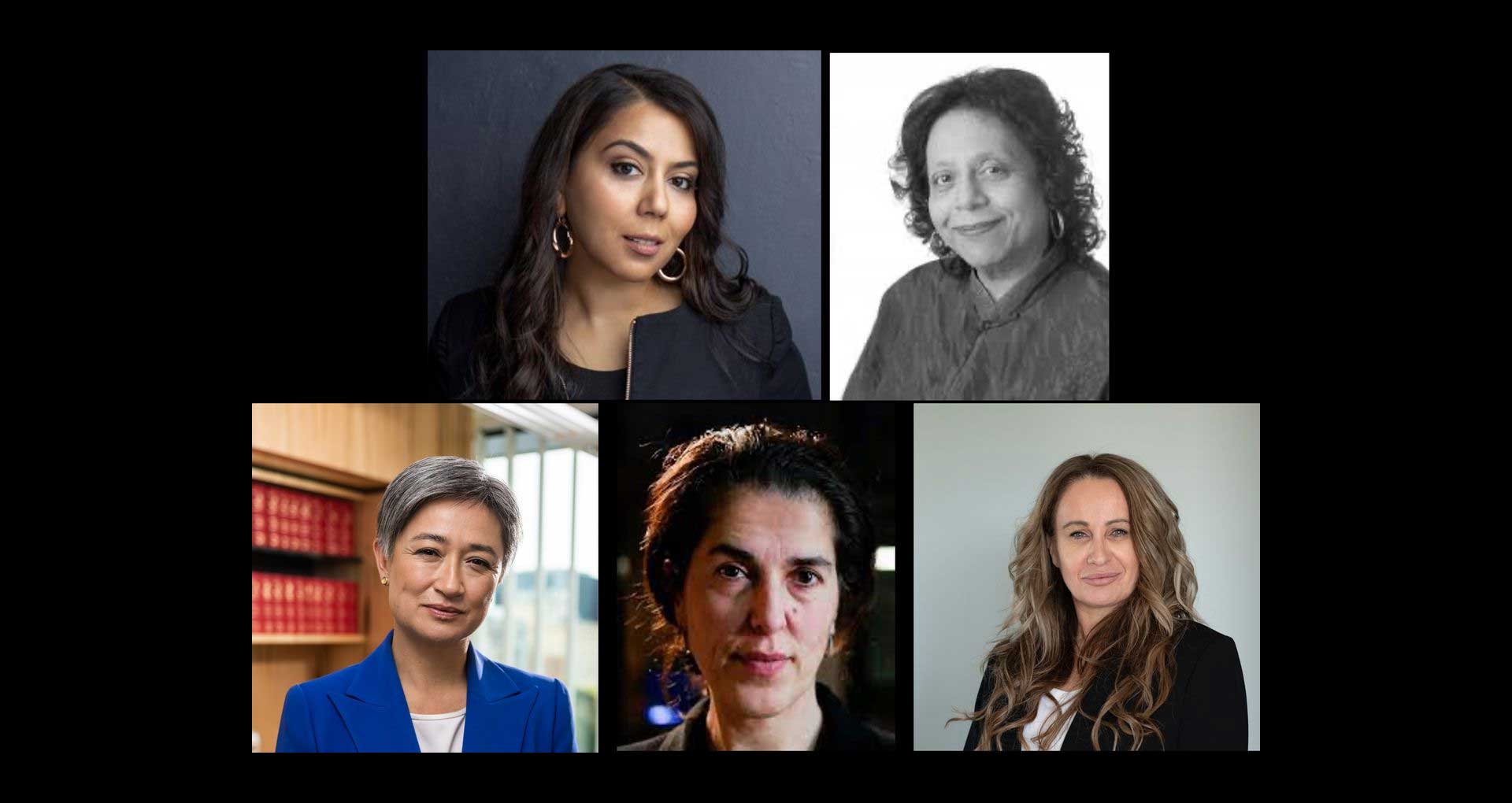 Professional profile photos of five culturally diverse women against a black background.