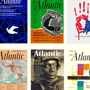 Collage of six brightly coloured Atlantic magazine covers