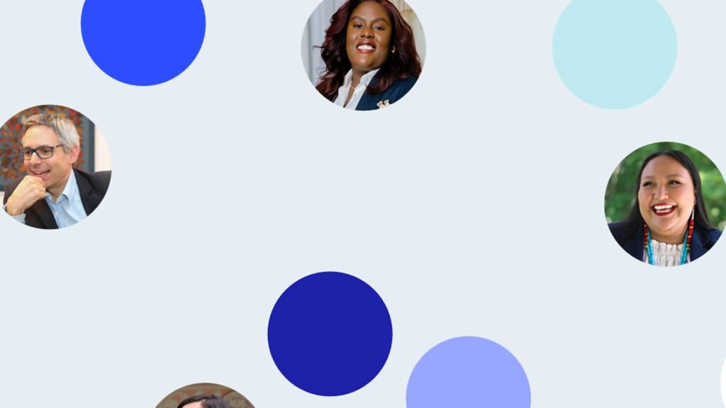 Graphic showing circles in different shades of blue on a pale blue background and the faces of a caucasian man, african woman and native american woman
