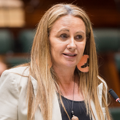 Photo of Sue-Anne Hunter speaking in parliament, wearing large round earings and a cream blazer