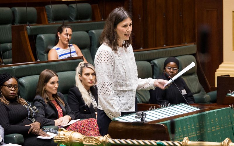 Photo of Bronwen Bock, a white woman with long dark hair, giving a speech in parliament to an audience of diverse women