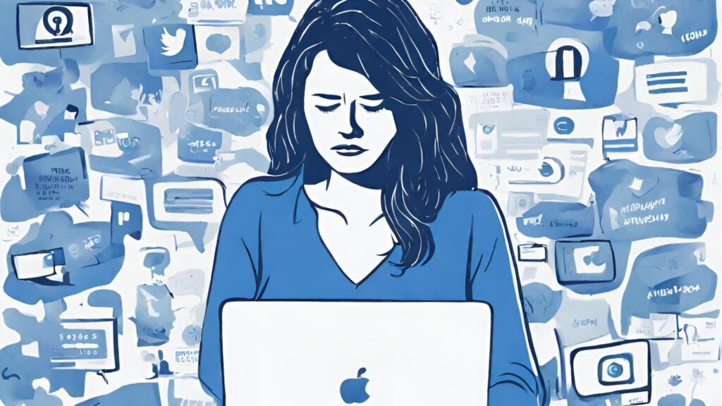 Illustration of a woman using a laptop, surrounded by negative messages