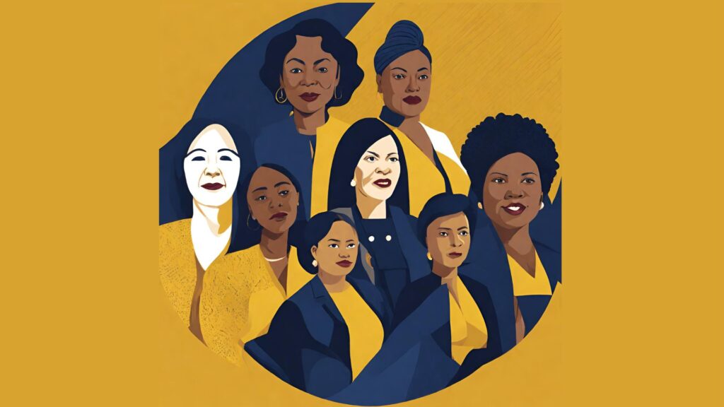 Illustration of multicultural female politicians against a dark yellow background