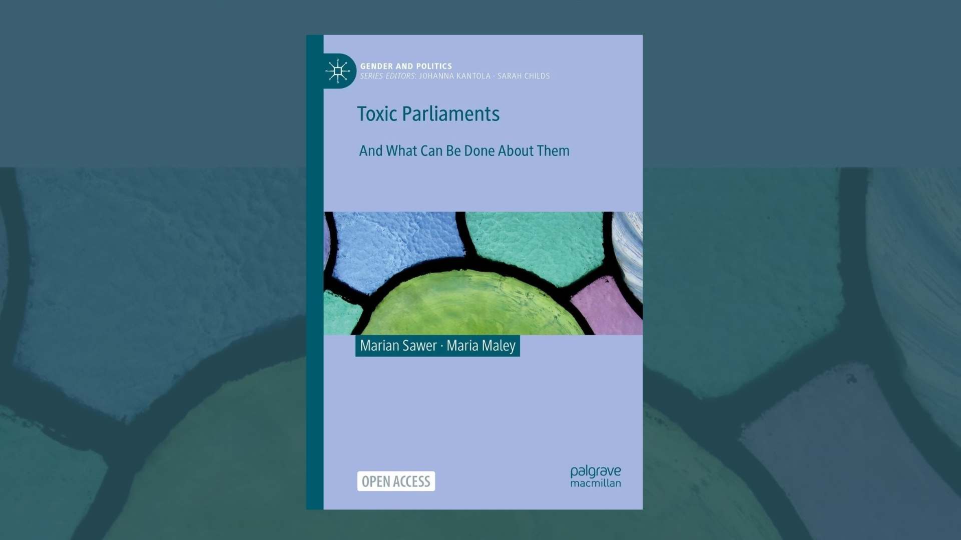 Cover of the book Toxic Parliaments, a light purple book with abstract coloured graphic in the centre, against a blue background
