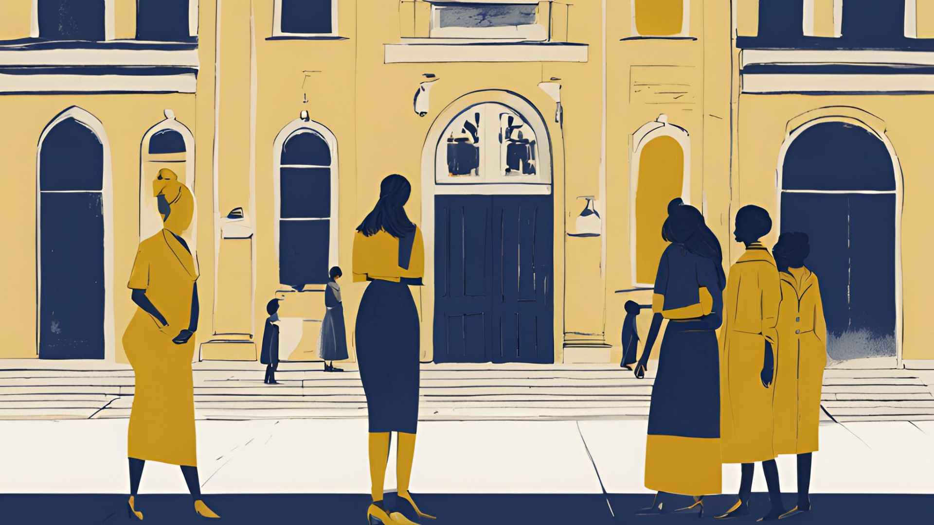 Illustration in yellow and blue of a group of women standing outside a town hall