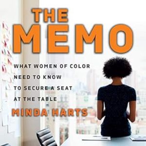 Cover of the book "The Memo" showing bold yellow type, and a black woman with afro facing away