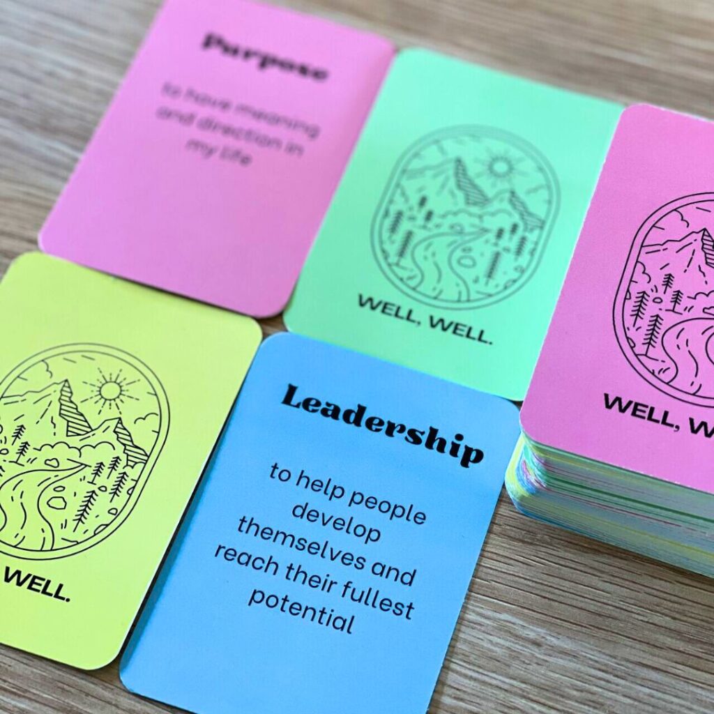 brightly coloured cards with information about Leadership skills