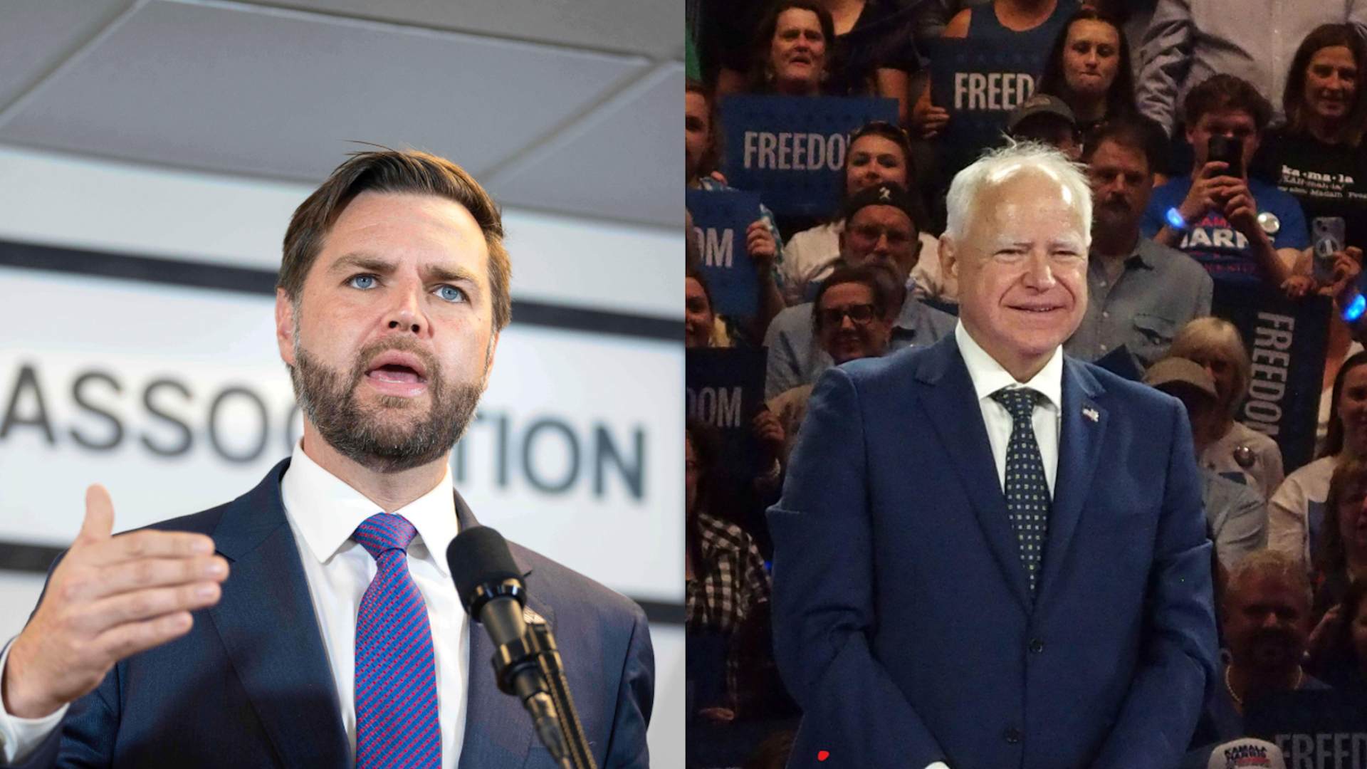 Two photos: an older white man wearing suit in front of a crowd, and a younger man with beard wearing a suit speaking from a podium