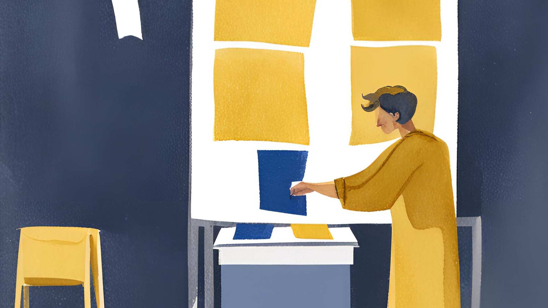 Blue and yellow illustration of a person putting paper into an electoral ballot box