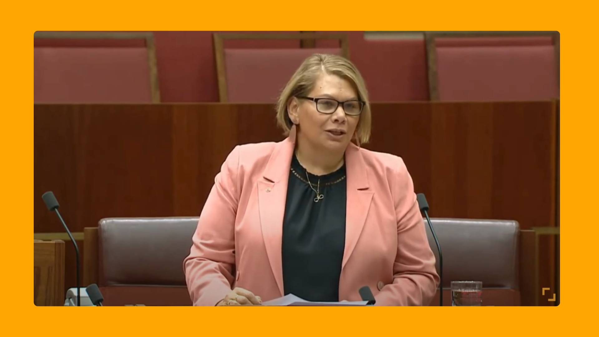 Photo of Senator Dorinda Cox, a First Nations woman with light brown hair wearing glasses and a pale pink blazer, giving a speech in Senate chamber