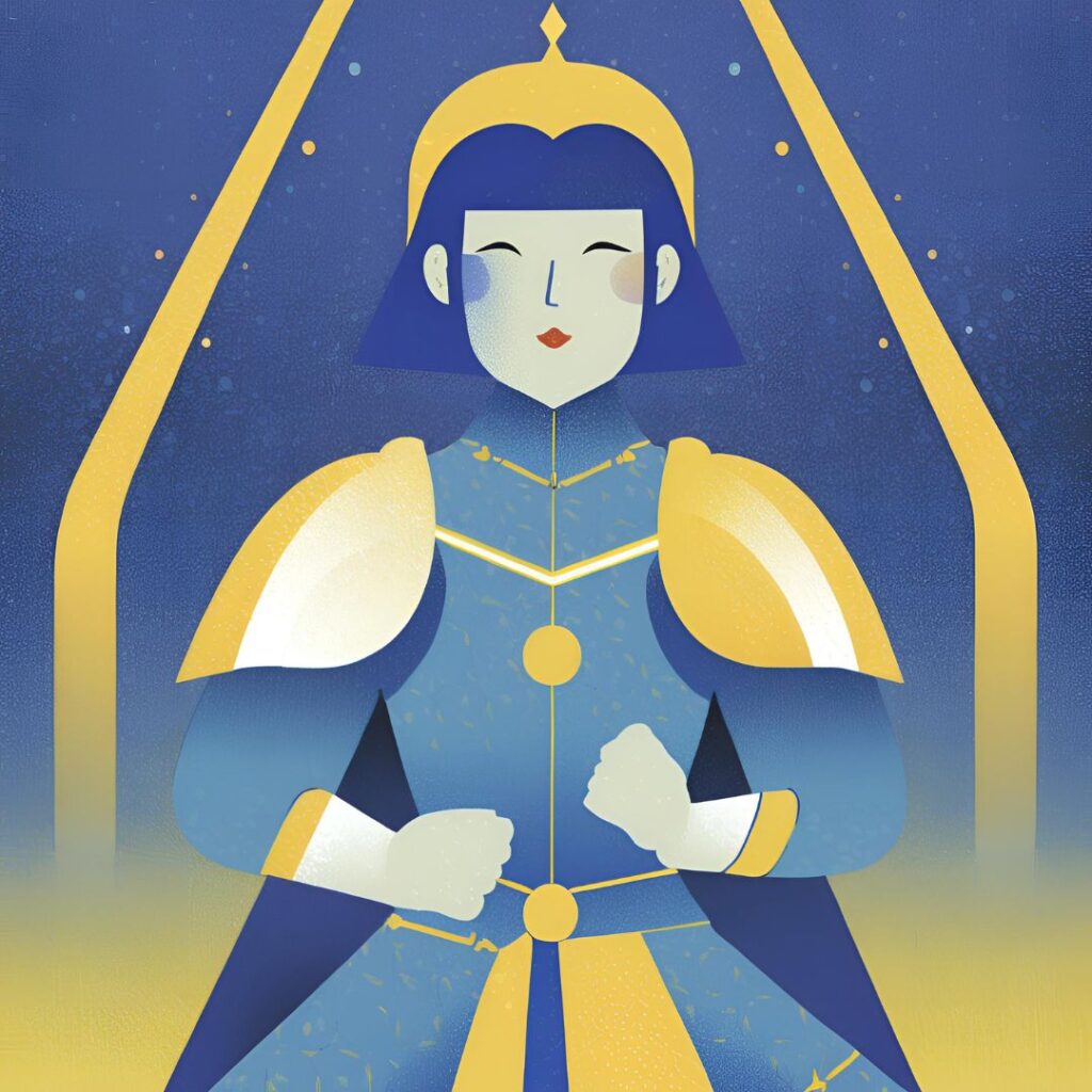 illustration of a woman of asian appearance wearing a knight's armour