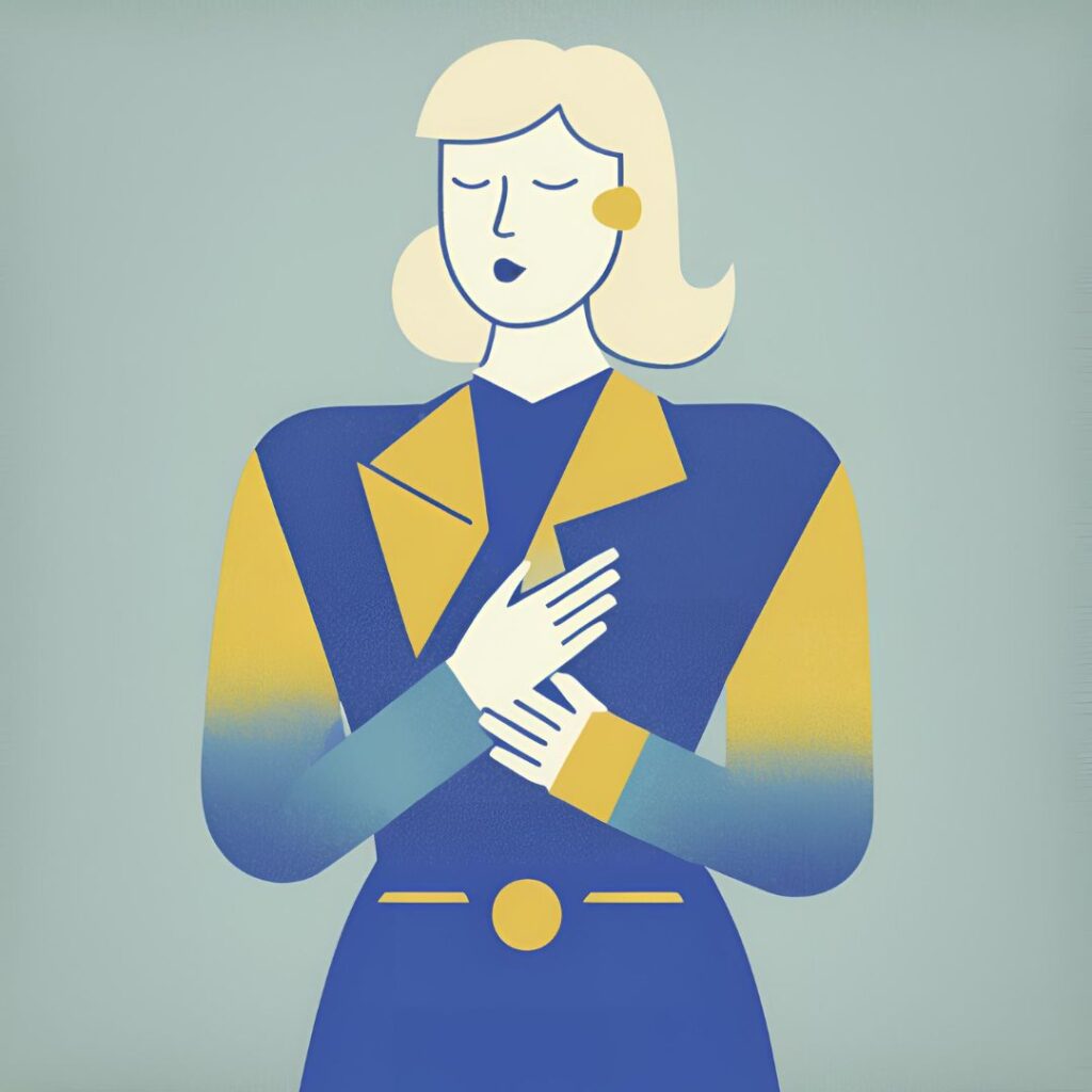 Blue and yellow illustration of a blonde woman holding her hand over her heart