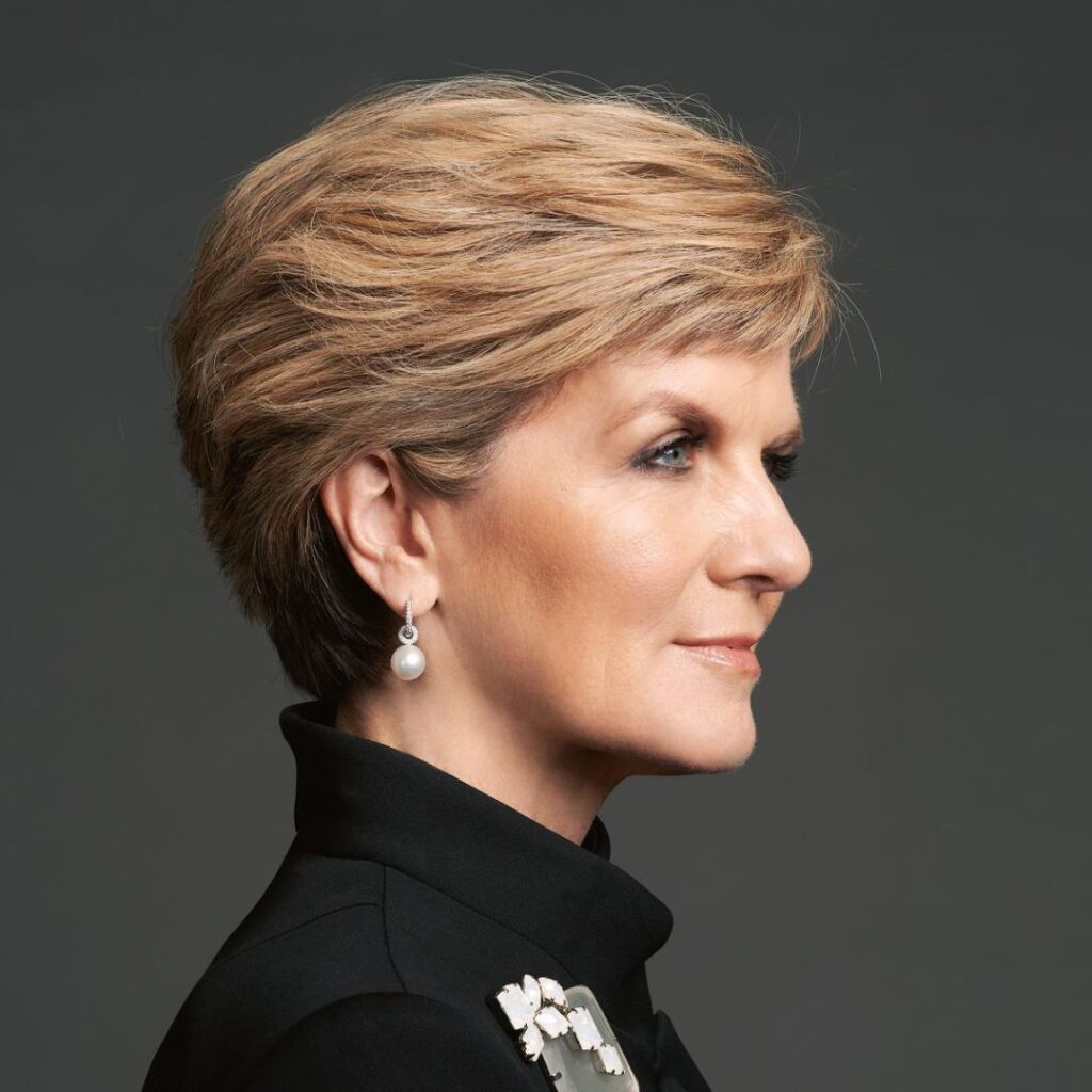 Striking side-on portrait of Julie bishop against a dark grey background