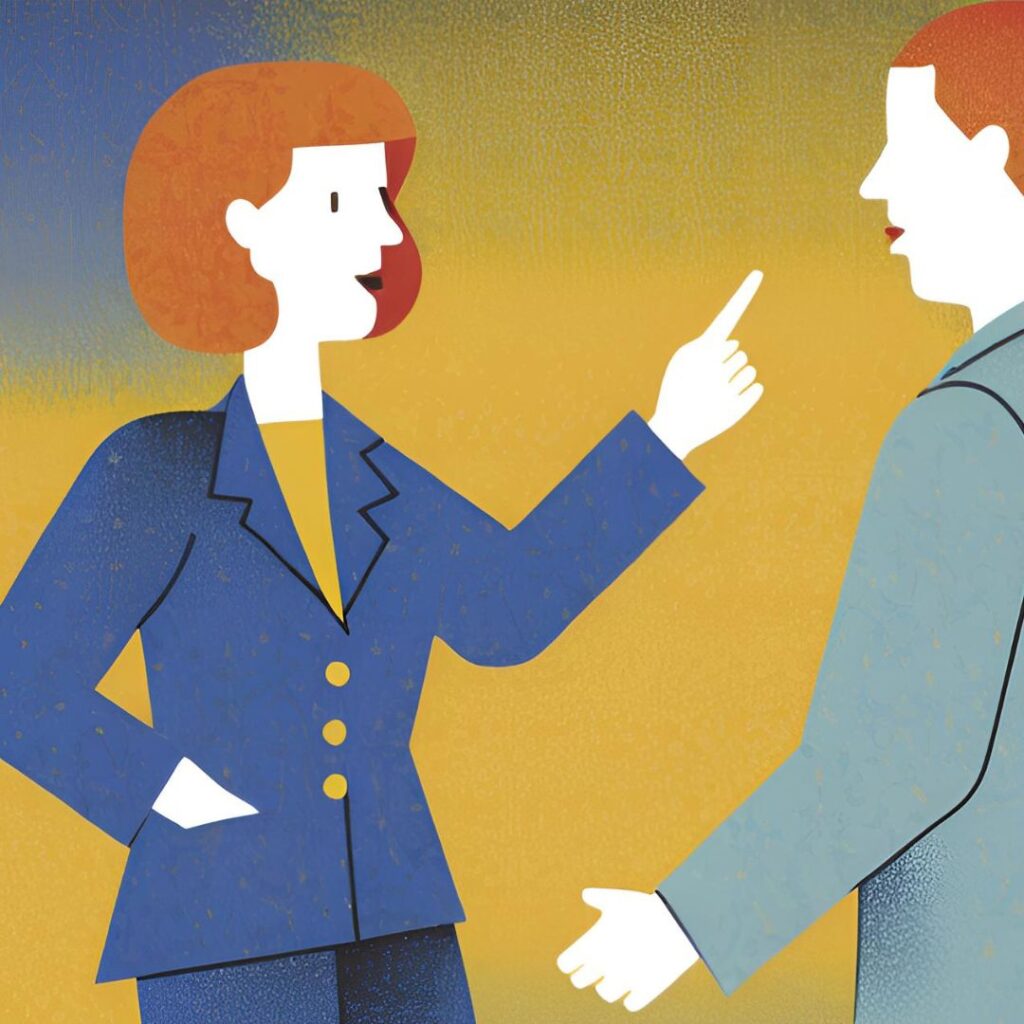 Illustration of a woman with short auburn hair pointing at a man