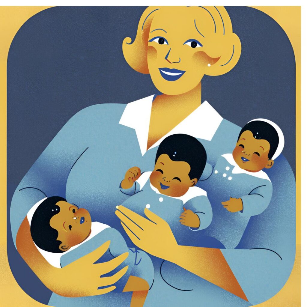 Illustration of a smiling woman holding 3 babies