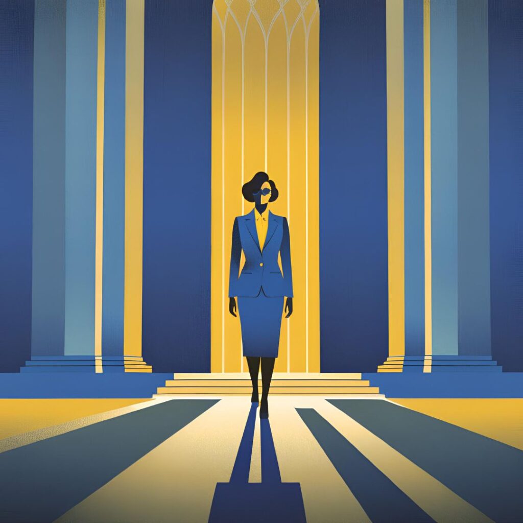 Illustration showing a dramatic  silhouette of a woman outside a parliamentary building