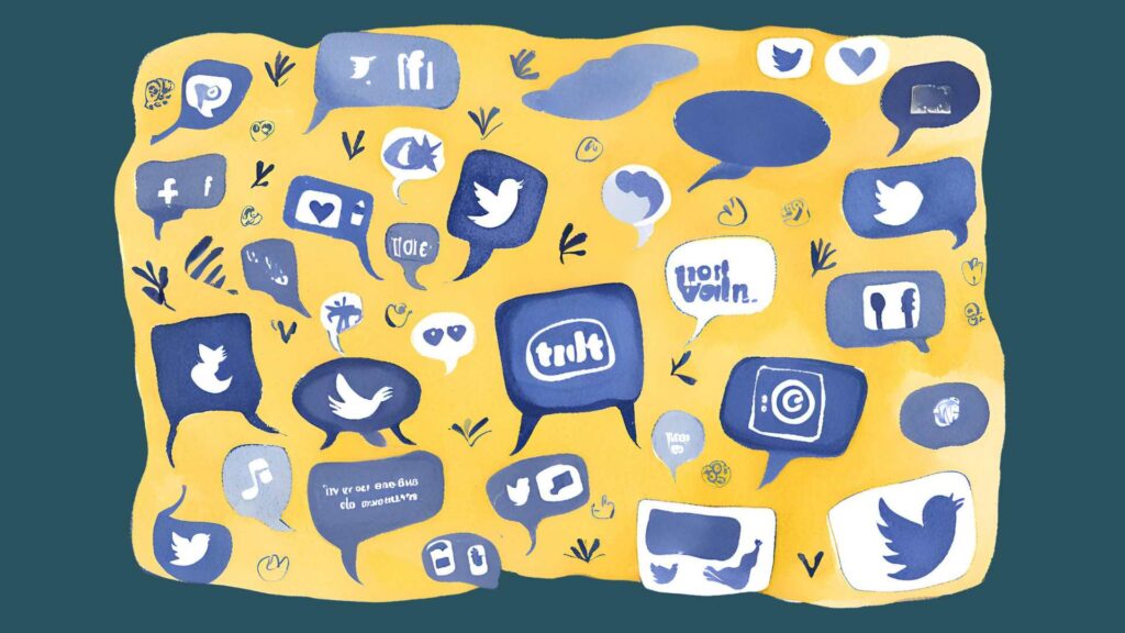 Watercolour illustration depicting lots of speech bubbles and social media icons