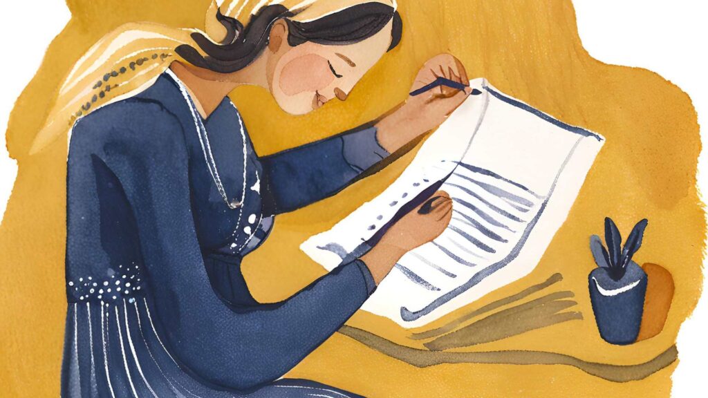 Watercolour illustration of a woman with ponytail filling in a worksheet at a desk