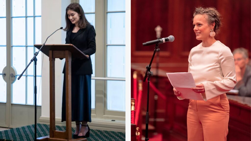 Photos of Baley Falls and Jessie Price giving speeches in parliament