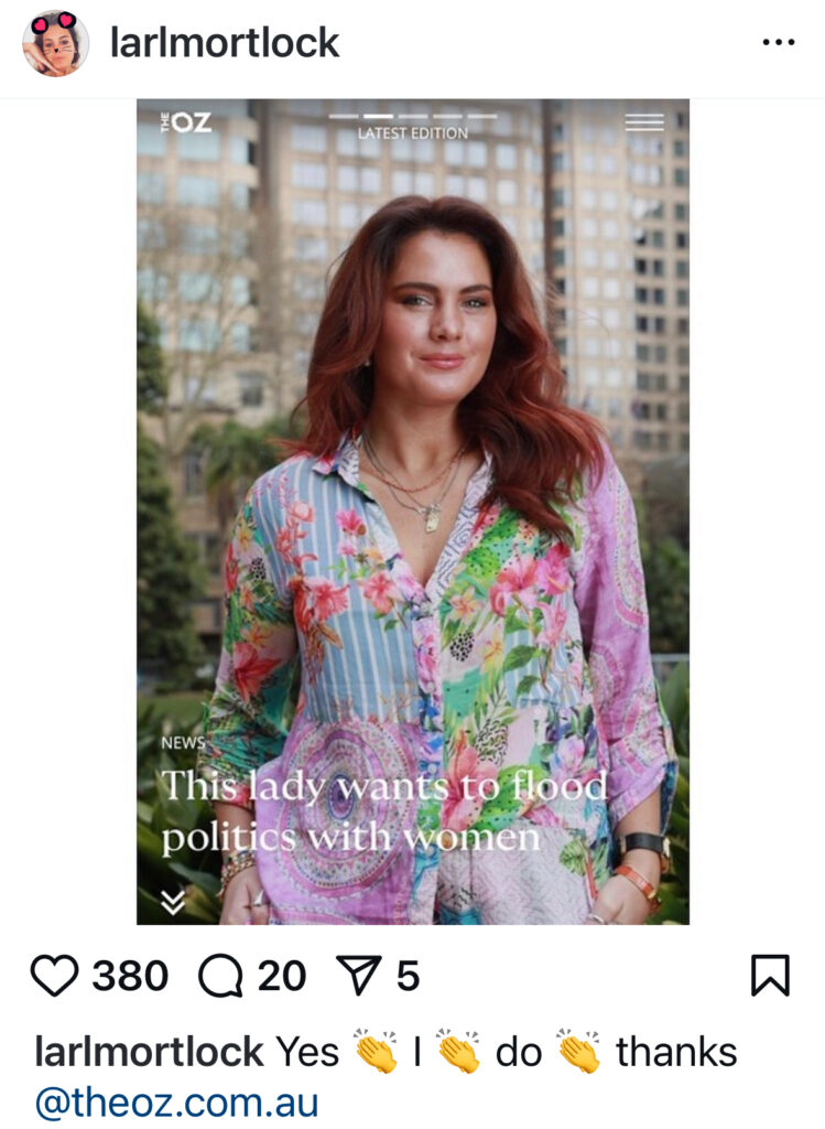 Screengrab of Charlotte Mortlock on her instagram channel. It has the headline "This lady wants to flood politics with women"