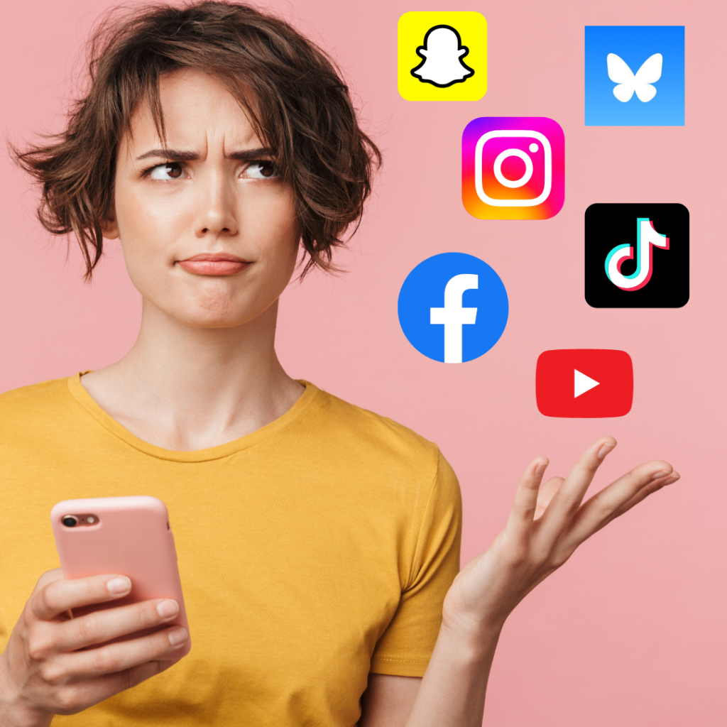 Woman with comically confused place is holding a smartphone, social media icons in the corner of the image