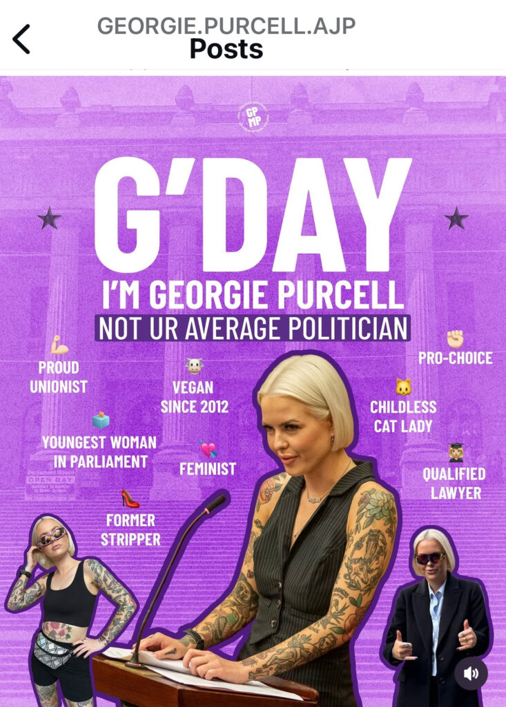Instagram screengrab with photo of Georgie Purcell against a purple background and the words G'DAY I'M GEORGIEE PURCELL NOT UR AVERAGE POLITICIAN
