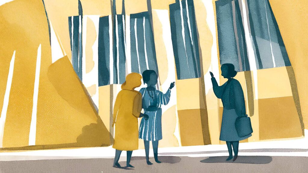Watercolour illustration of 3 women outside a modern civic building