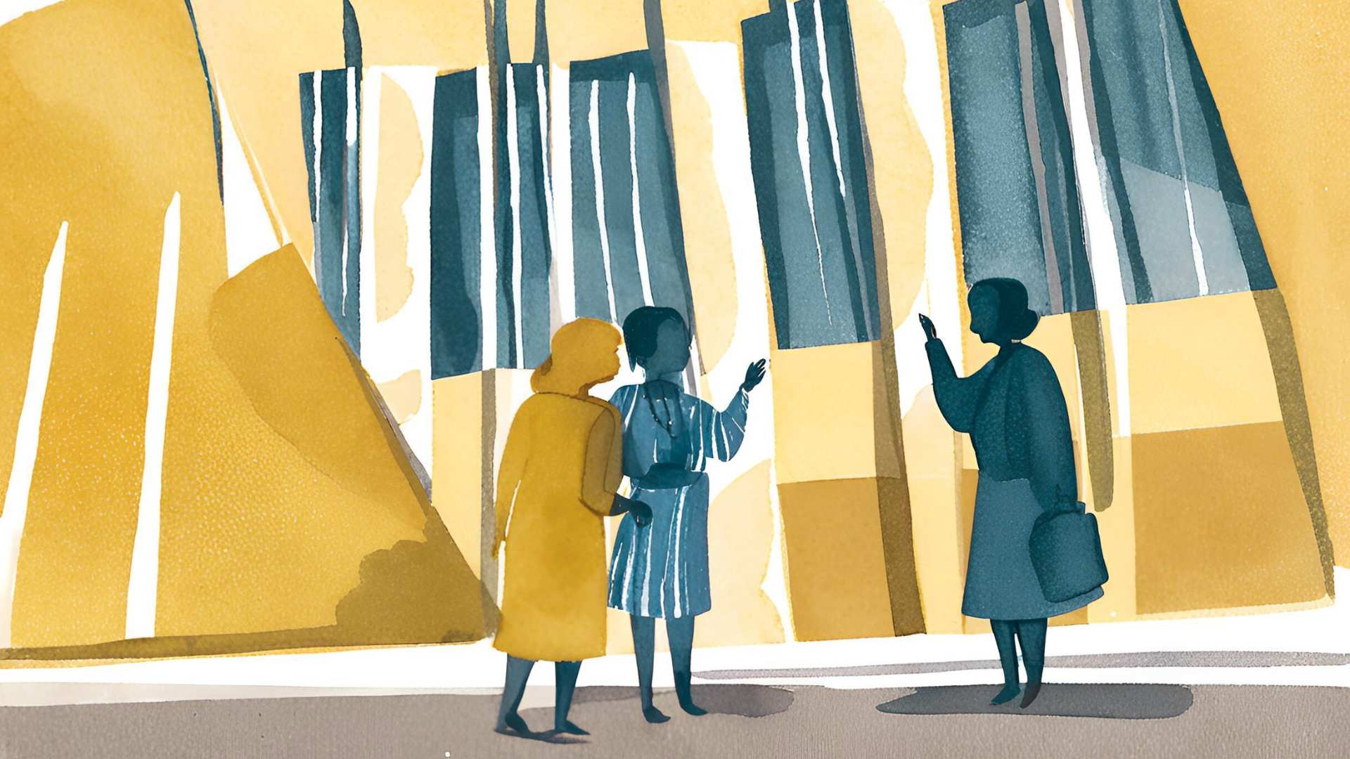 Watercolour illustration of 3 women outside a modern civic building