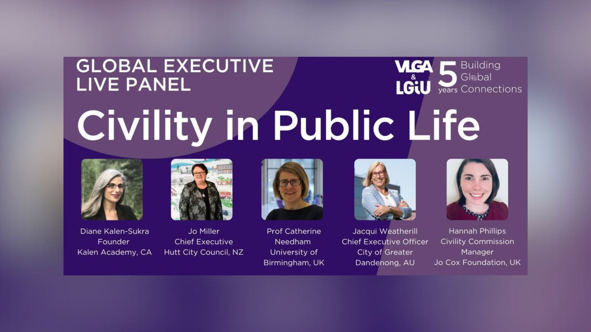 Text "Civility in pubic life" against a purple background. 5 profile photos below show the speakers for this panel event.