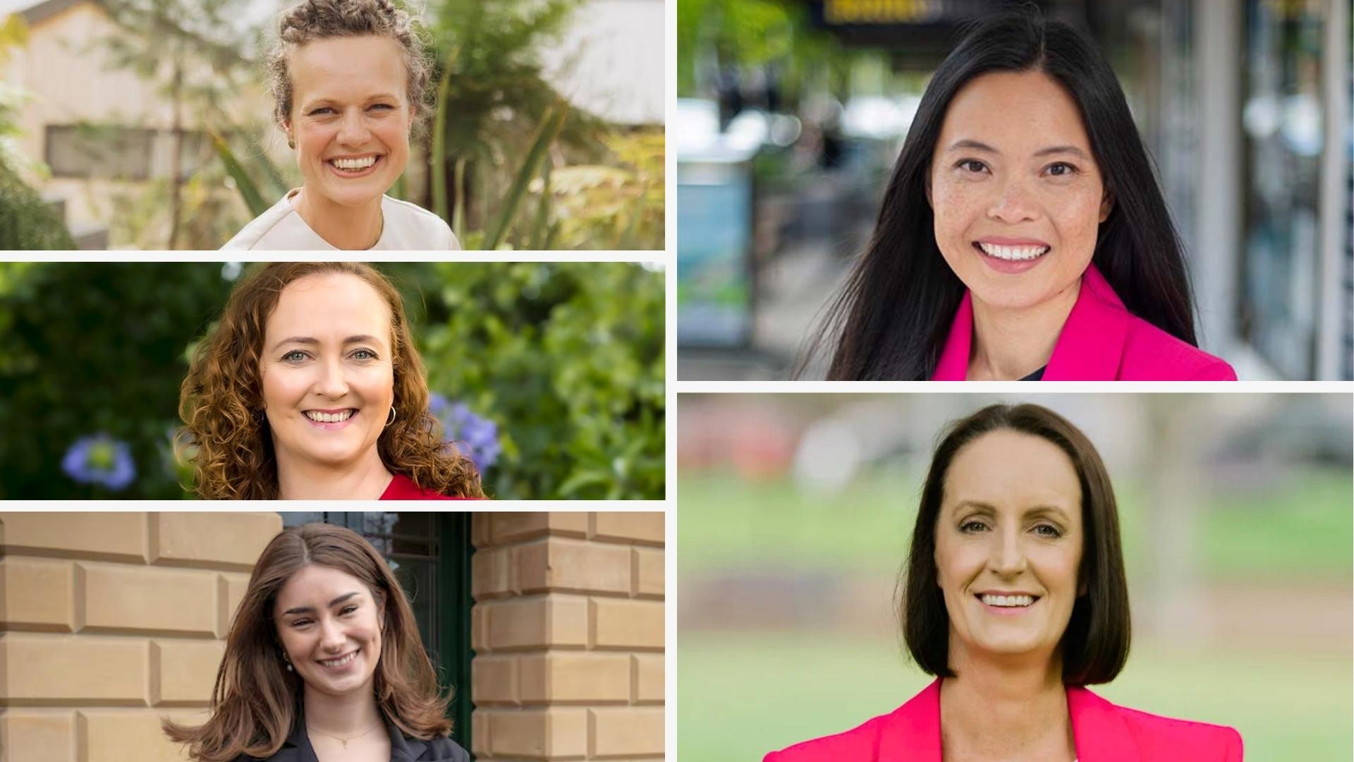 Collage of photos of 5 women, all smiling and smartly dressed, against a range of outdoor backgrounds