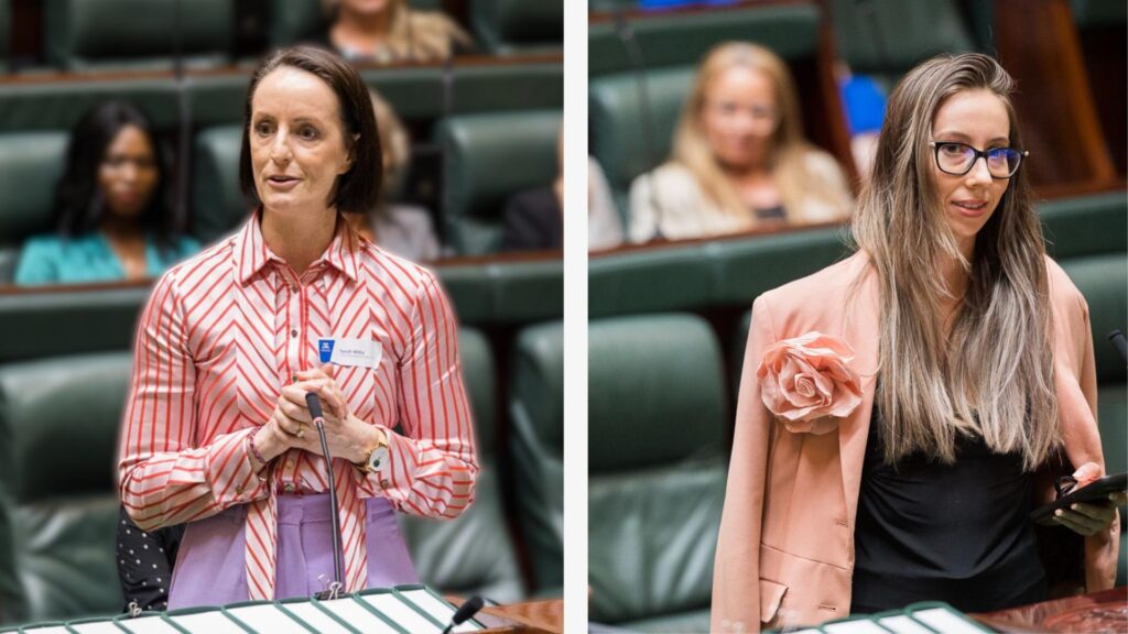 Sarah Wittyand Steph Hunt standing in parliament giving speeches