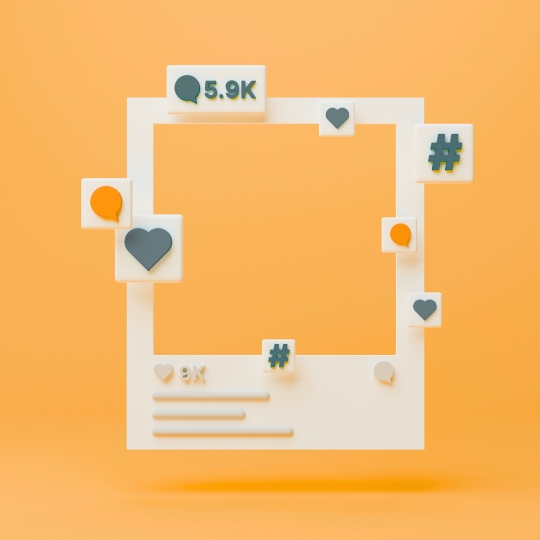 Illustration of a social media tile with lots of likes and comments against a yellow background